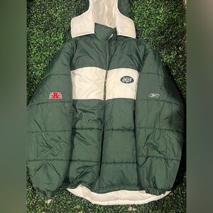 Vintage New York Jets Reebok Puffer Jacket 2XL Green Nfl Reversible W/hat